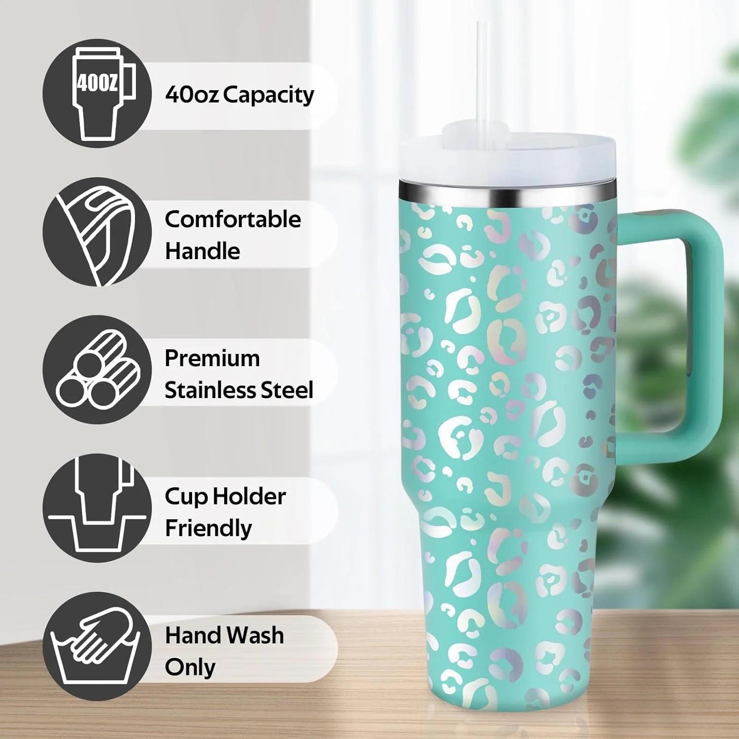 40 Oz Tumbler with Handle and Straw, Travel Mug for Car, 2-In-1 Lid Stainless Steel Tumblers