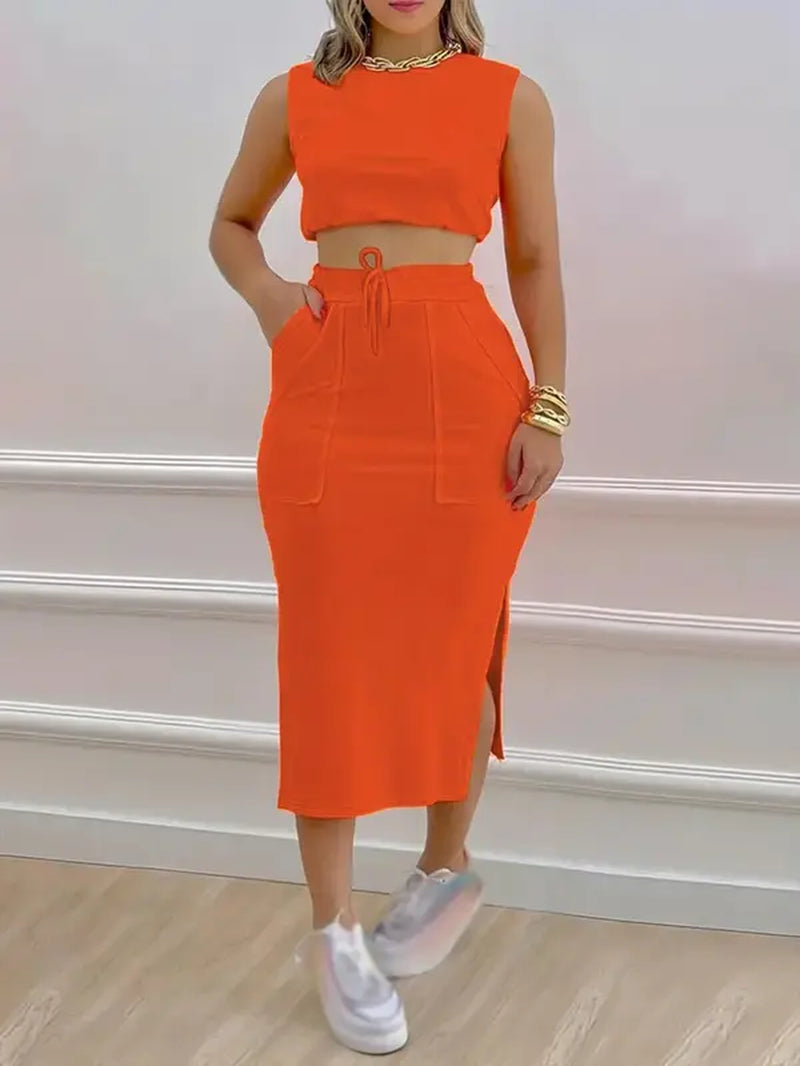 Two-Piece Set Women'S Solid Crop Tank Top & Split Thigh Pocket Midi Skirt Set, Casual round Neck Top & Drawstring High Waist Skirt for Summer, Ladies Clothes for Daily Wear