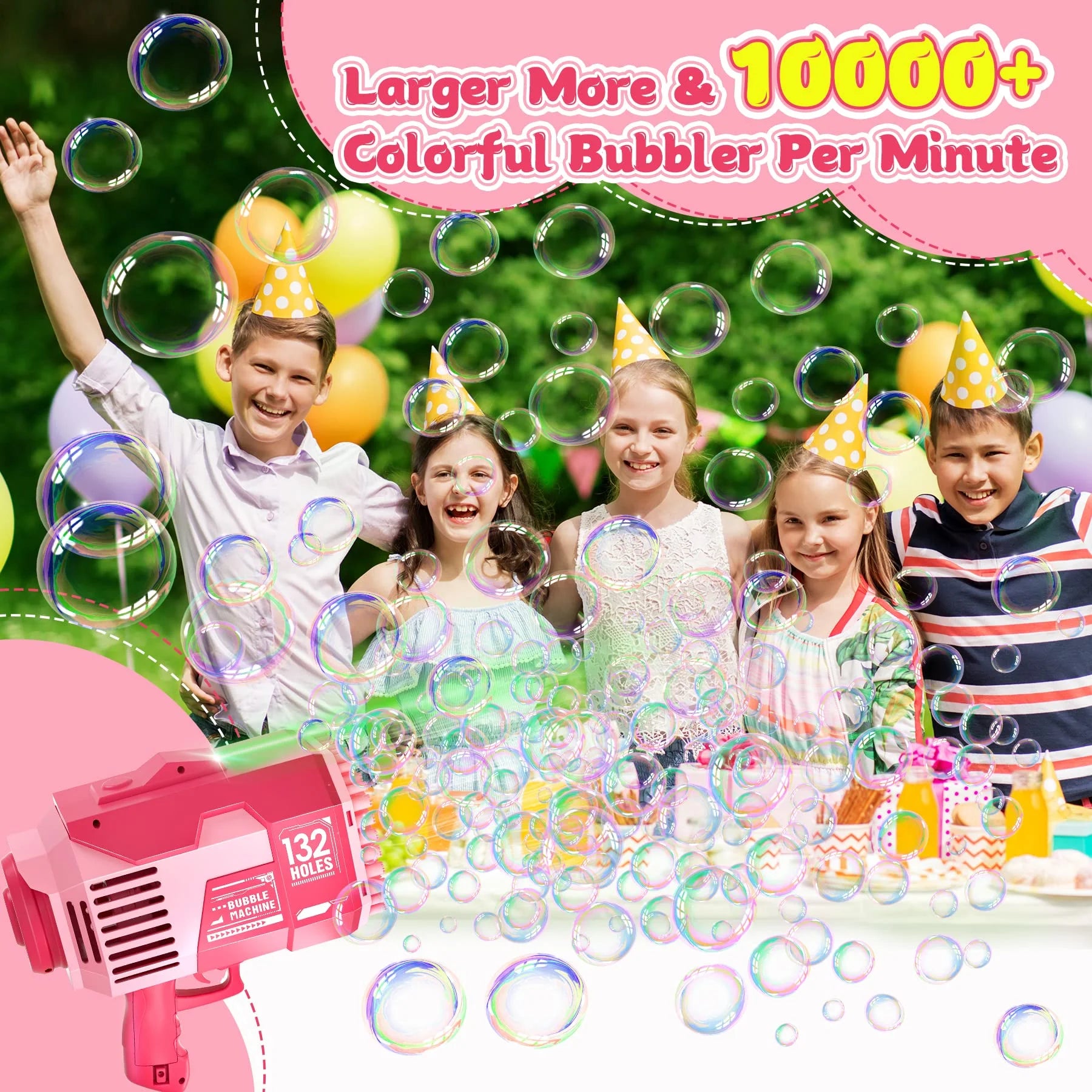 Bubble Machine for Kids 132 Holes Bubble Toys with Colorful Lights Bubble Blower for Toddlers Bubble Maker Gift for Indoor Outdoor Birthday Party Wedding, Pink