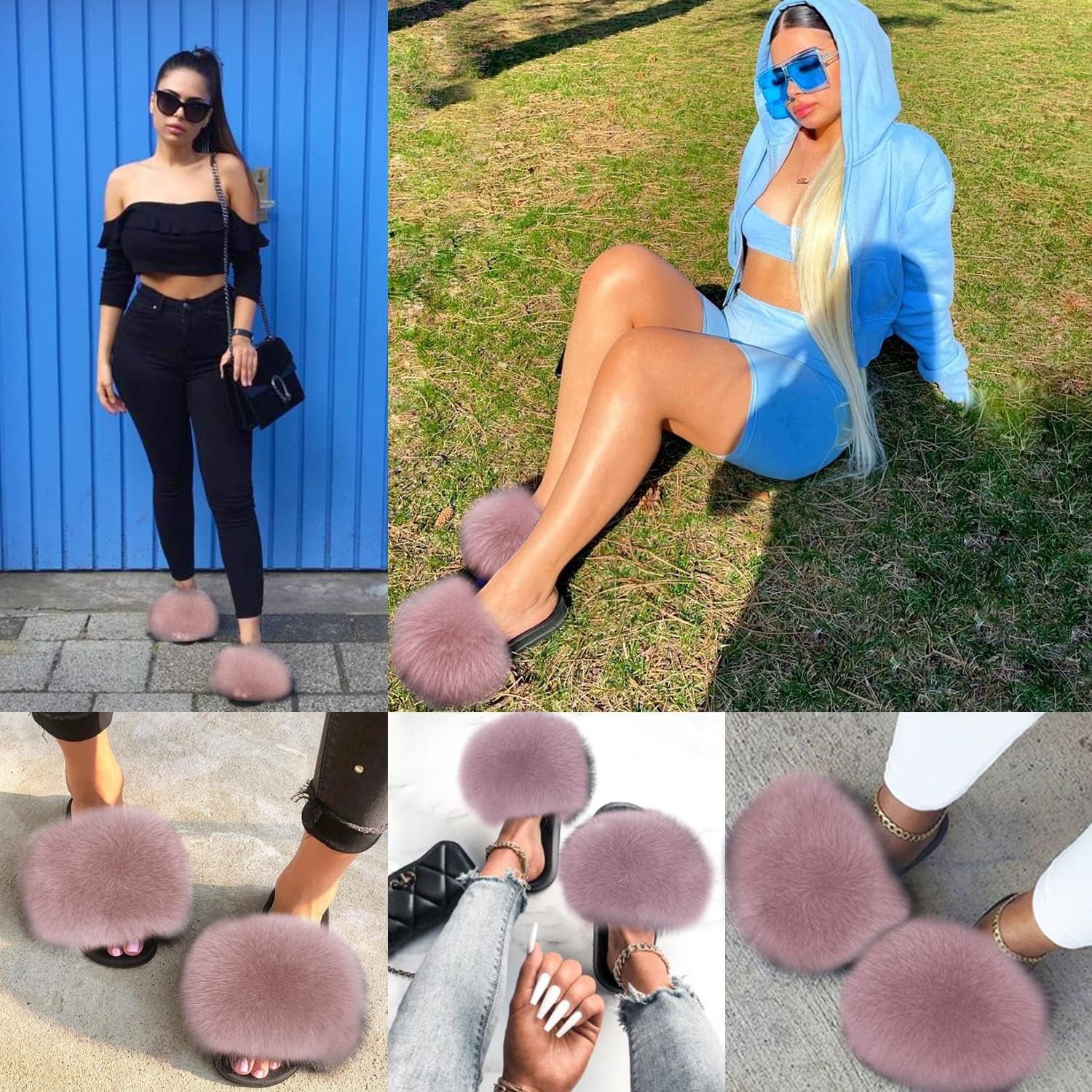 Real Fox Fur Slides for Women - Furry Slides Fluffy Fur Slippers Open Toe Flat Slides Fur Sandals Outdoor