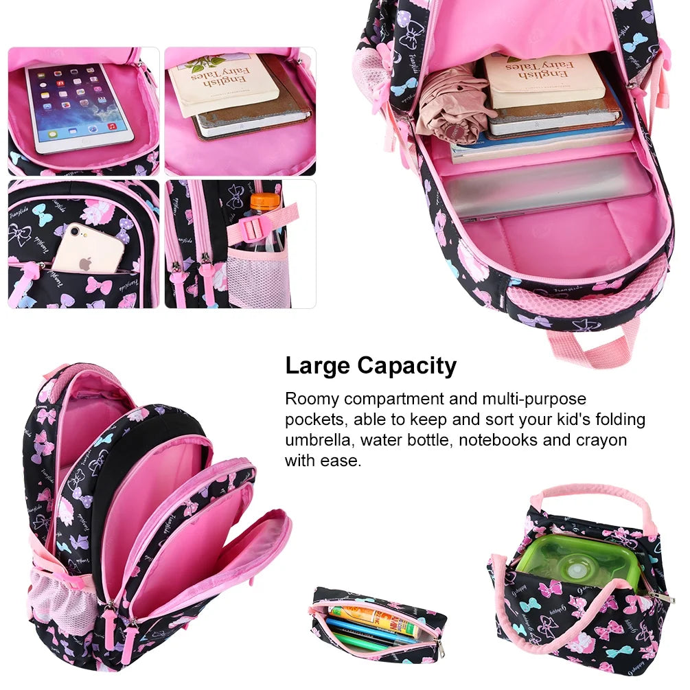 School Backpack Black Backpacks for Girls and Boys Nylon Bookbag with Lunch Bag ＆ Pencil Case