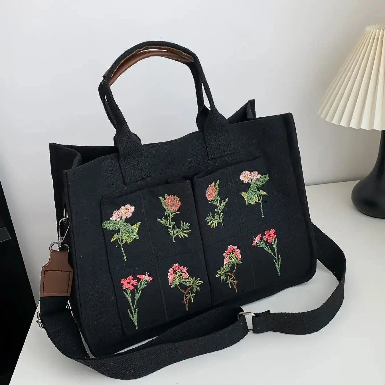 Women'S Elegant Flower Embroidered Tote Bag, Trendy Large Capacity Handbag for Women & Girls, Casual Versatile Crossbody Bag for Daily & Work & School Use