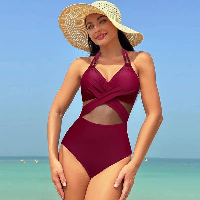 2024 New Sexy One Piece Swimsuit High Elastic Women'S Curved Pleated Suspender Spliced with Ruffle Edge Quick Drying Comfortable and Slightly Fat Large Size Slimming Skin Covering Stomach Closing Swimming Beach Hot Spring Vacation Summer Sports