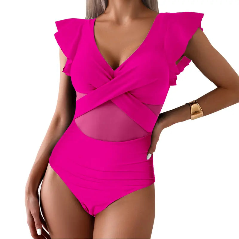 2024 New Sexy One Piece Swimsuit High Elastic Women'S Curved Pleated Suspender Spliced with Ruffle Edge Quick Drying Comfortable and Slightly Fat Large Size Slimming Skin Covering Stomach Closing Swimming Beach Hot Spring Vacation Summer Sports