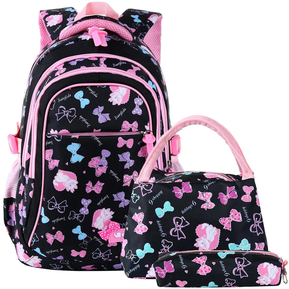 School Backpack Black Backpacks for Girls and Boys Nylon Bookbag with Lunch Bag ＆ Pencil Case