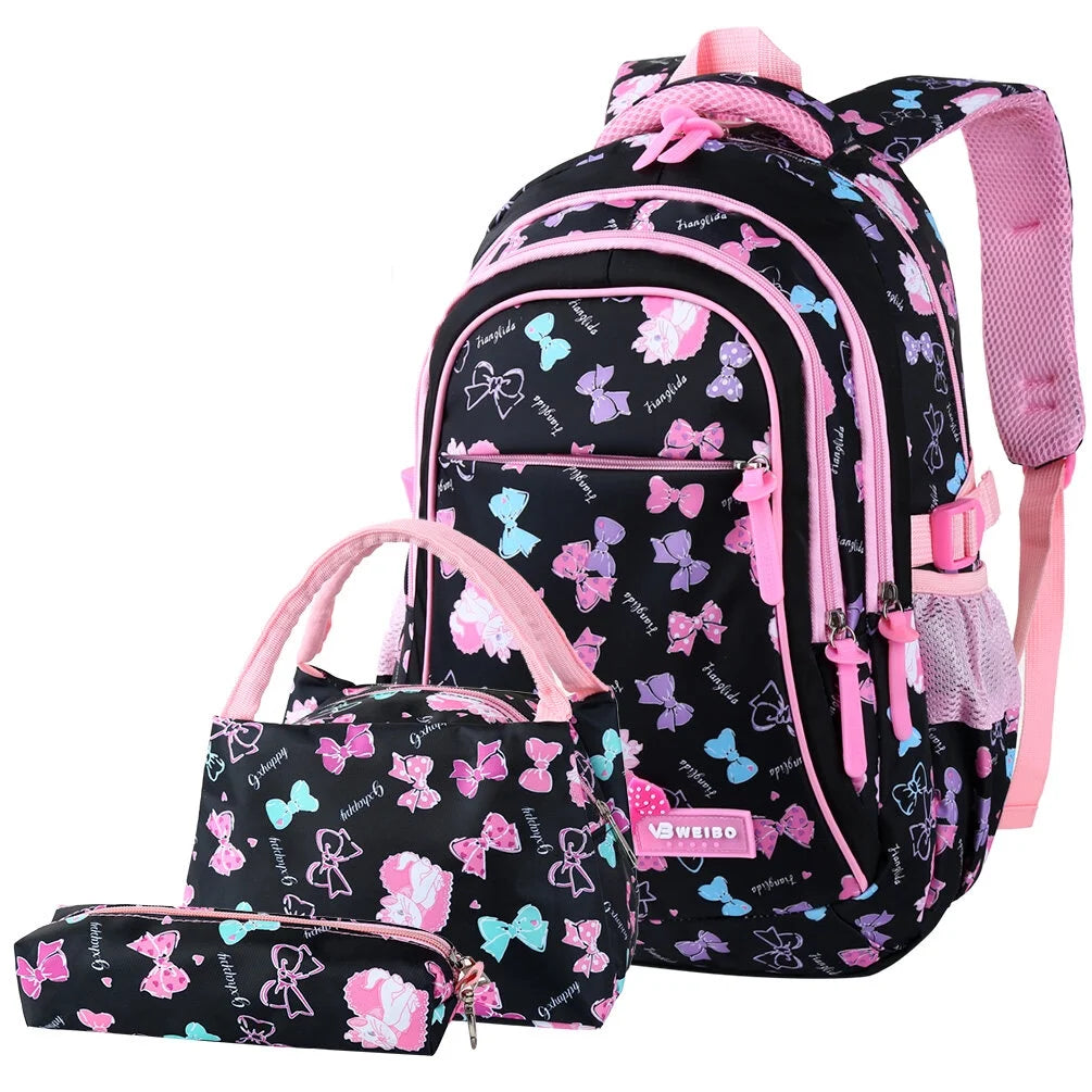 School Backpack Black Backpacks for Girls and Boys Nylon Bookbag with Lunch Bag ＆ Pencil Case