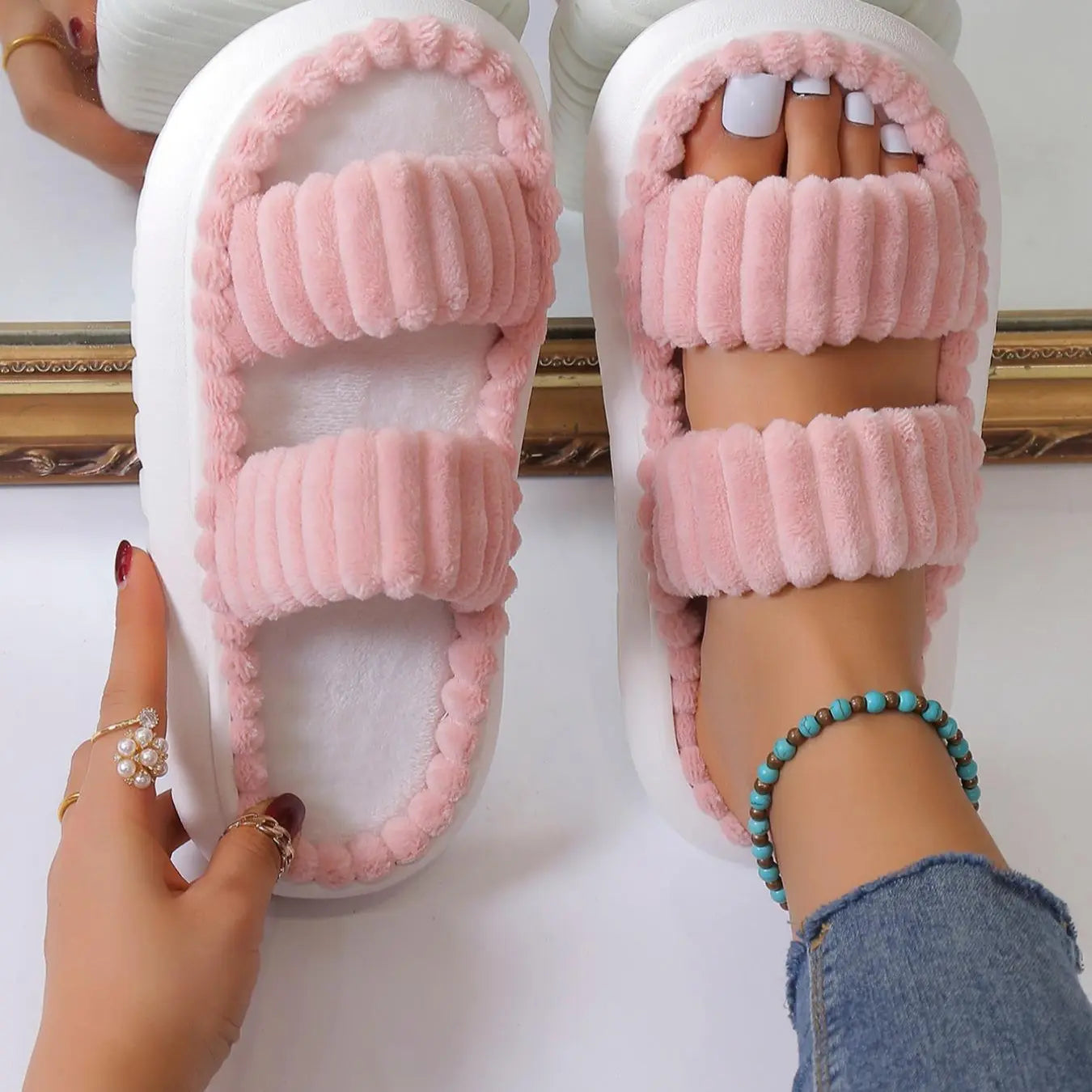 Casual Minimalist Fluffy Slippers, Trendy Soft Comfort Warm Open Toe Bedroom Sandals for Daily Life, Fashionable Bedroom Slippers for Fall & Winter Footwear for Girl Spring, House Shoes