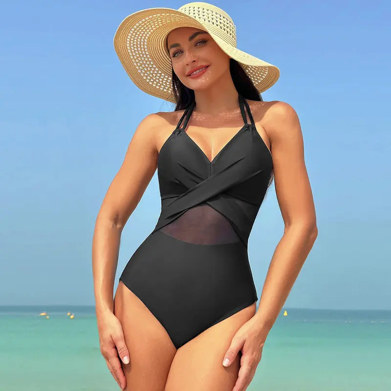 2024 New Sexy One Piece Swimsuit High Elastic Women'S Curved Pleated Suspender Spliced with Ruffle Edge Quick Drying Comfortable and Slightly Fat Large Size Slimming Skin Covering Stomach Closing Swimming Beach Hot Spring Vacation Summer Sports