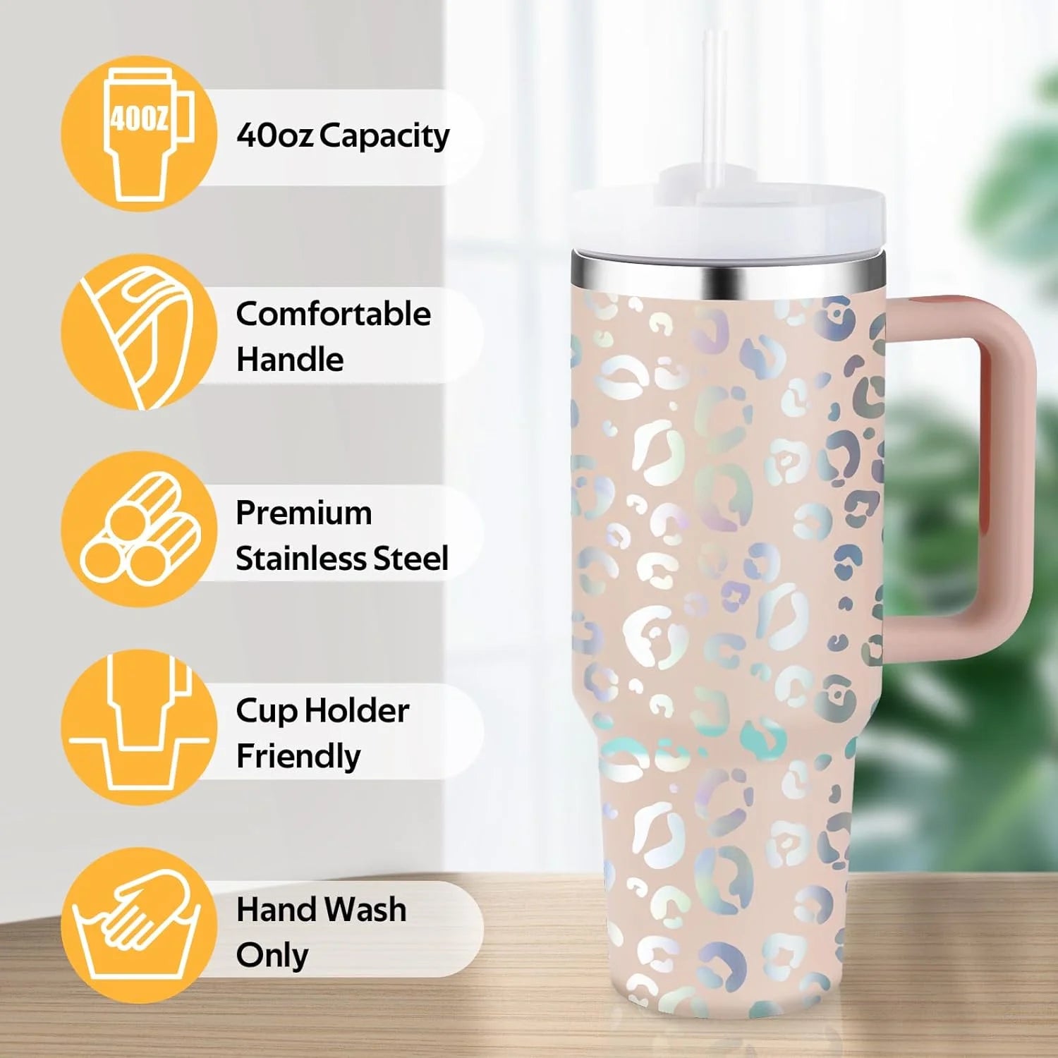 40 Oz Tumbler with Handle and Straw, Travel Mug for Car, 2-In-1 Lid Stainless Steel Tumblers