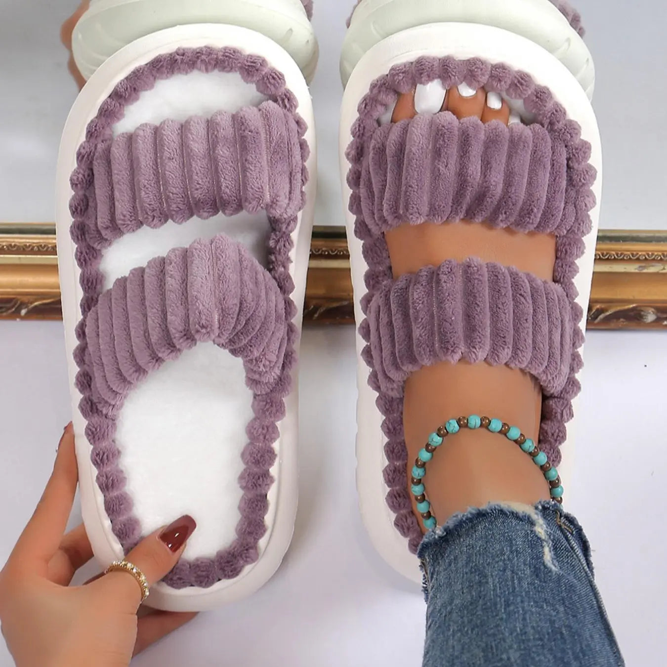 Casual Minimalist Fluffy Slippers, Trendy Soft Comfort Warm Open Toe Bedroom Sandals for Daily Life, Fashionable Bedroom Slippers for Fall & Winter Footwear for Girl Spring, House Shoes