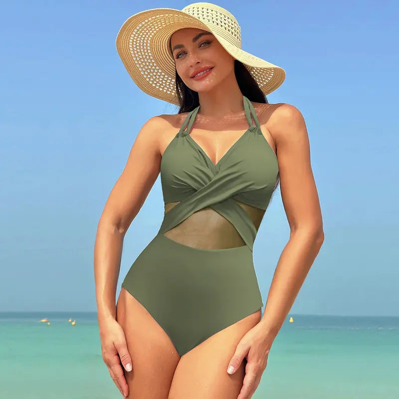 2024 New Sexy One Piece Swimsuit High Elastic Women'S Curved Pleated Suspender Spliced with Ruffle Edge Quick Drying Comfortable and Slightly Fat Large Size Slimming Skin Covering Stomach Closing Swimming Beach Hot Spring Vacation Summer Sports