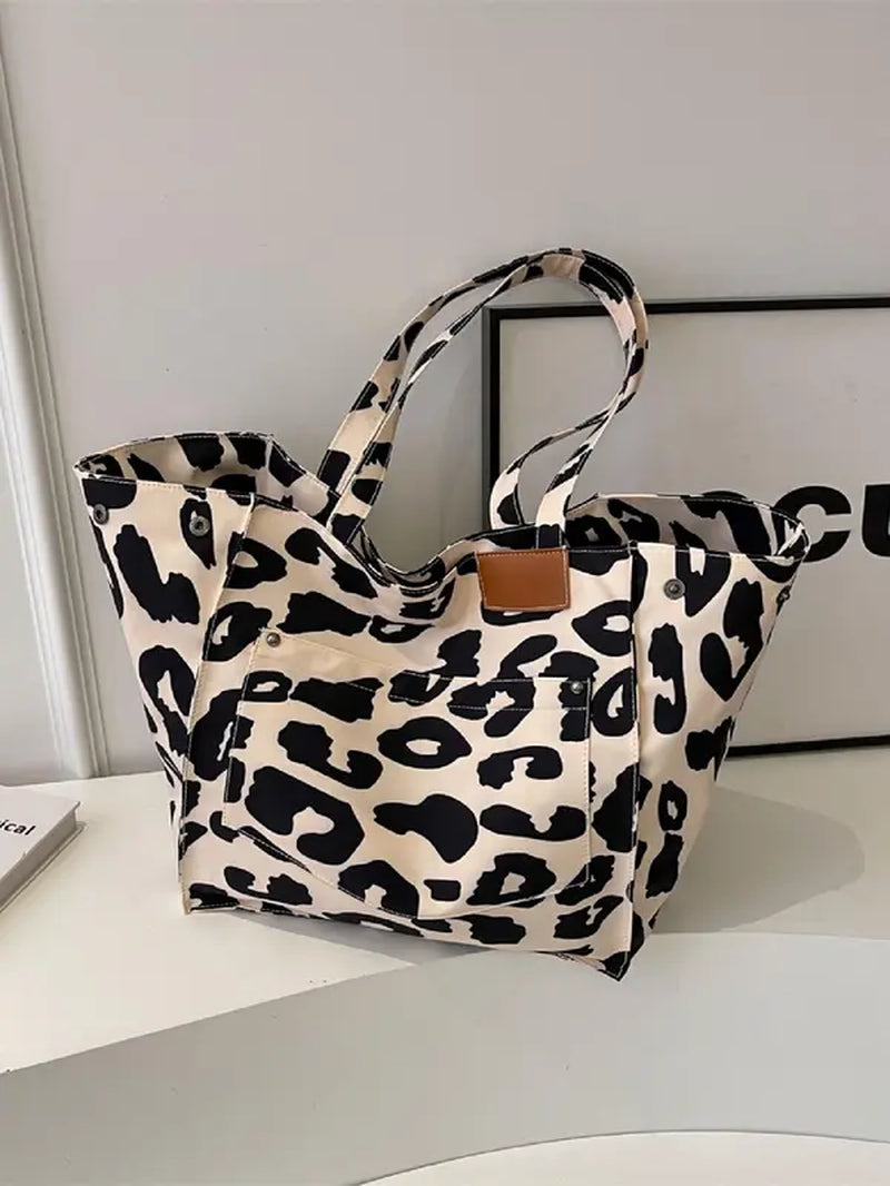 Summer 2024 Women'S Fashion Leopard Pattern Canvas Everyday Tote Bag, Summer Large Capacity Shoulder Bag for Daily Used, Casual Trendy Versatile High-Quality Daily Commuting Bag