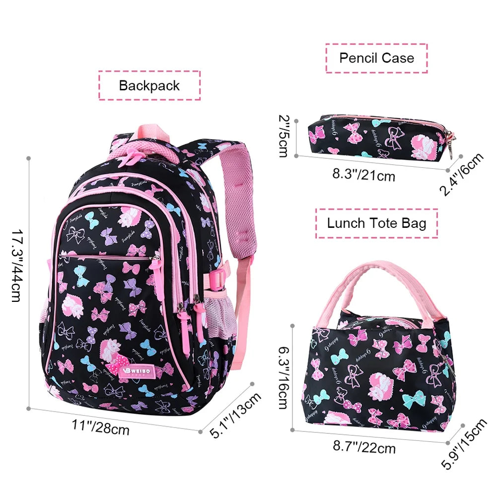 School Backpack Black Backpacks for Girls and Boys Nylon Bookbag with Lunch Bag ＆ Pencil Case