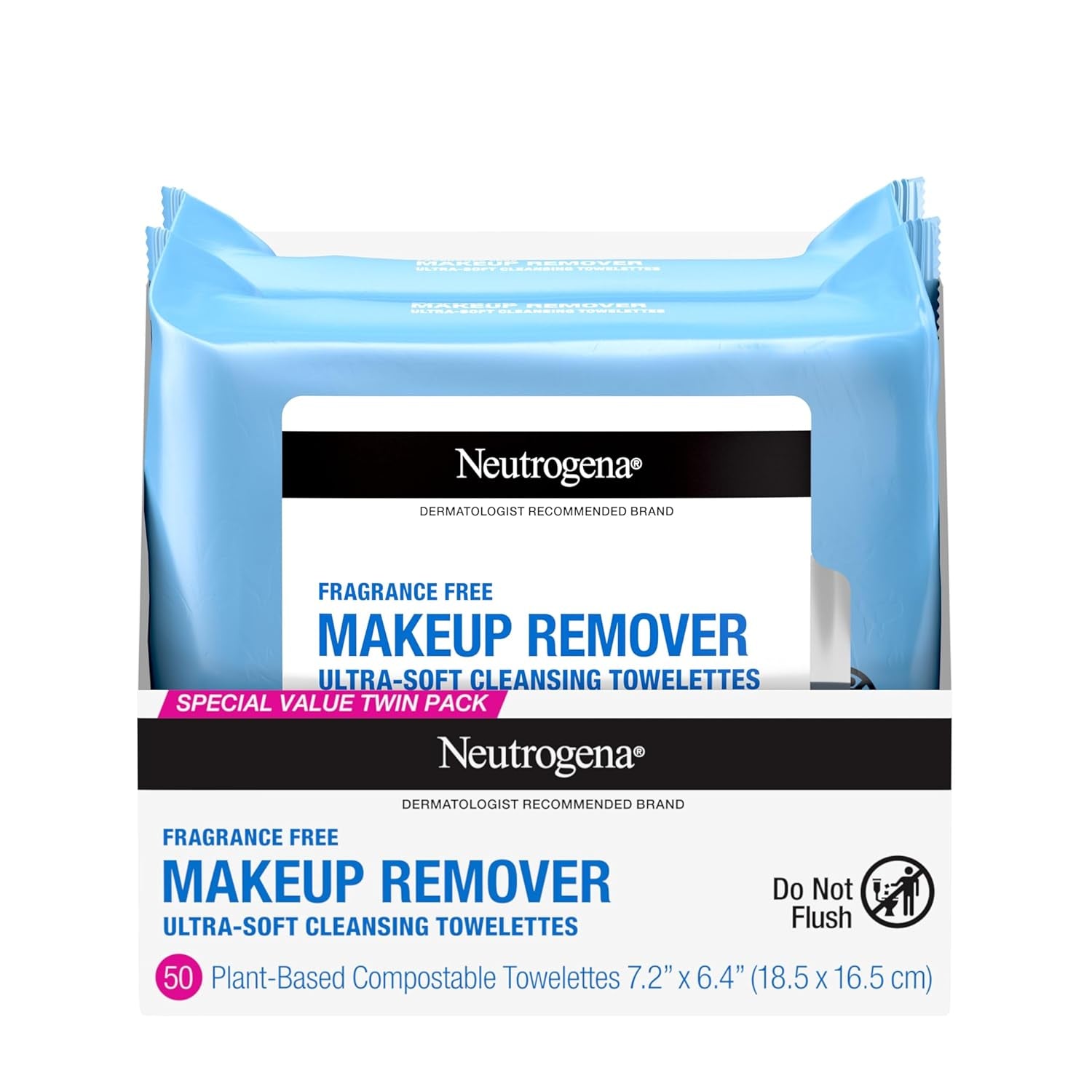 Cleansing Fragrance Free Makeup Remover Face Wipes, Cleansing Facial Towelettes for Waterproof Makeup, Alcohol-Free, Unscented, 100% Plant-Based Fibers, Twin Pack, 2 X 25 Ct