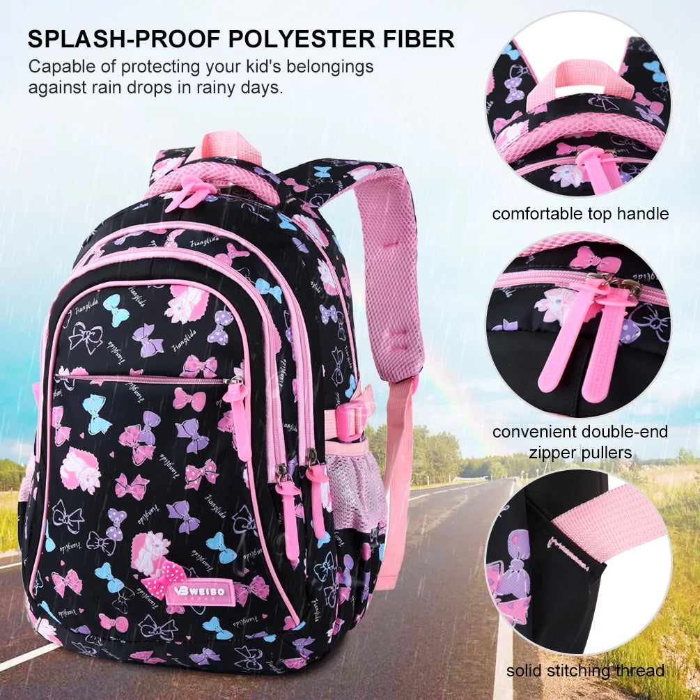 School Backpack Black Backpacks for Girls and Boys Nylon Bookbag with Lunch Bag ＆ Pencil Case