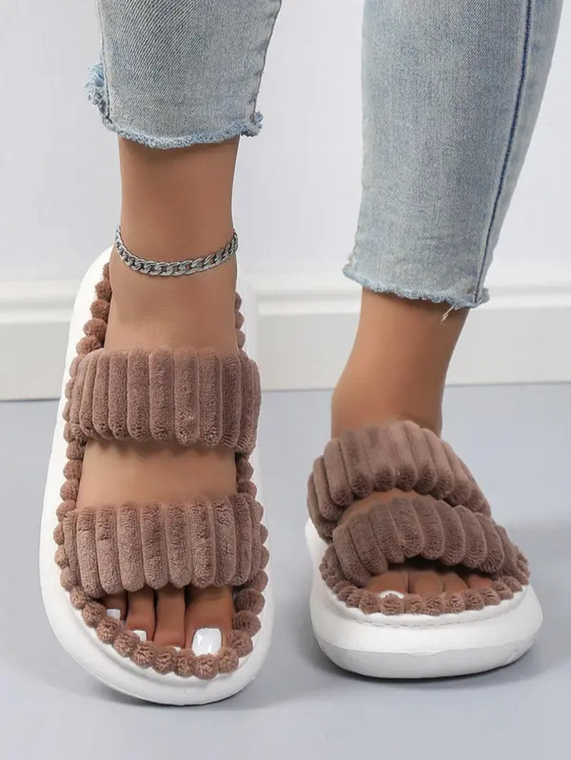 Casual Minimalist Fluffy Slippers, Trendy Soft Comfort Warm Open Toe Bedroom Sandals for Daily Life, Fashionable Bedroom Slippers for Fall & Winter Footwear for Girl Spring, House Shoes