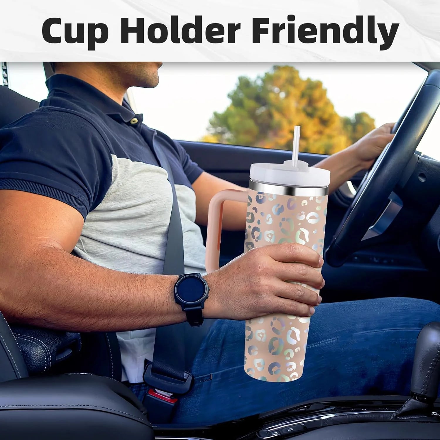 40 Oz Tumbler with Handle and Straw, Travel Mug for Car, 2-In-1 Lid Stainless Steel Tumblers