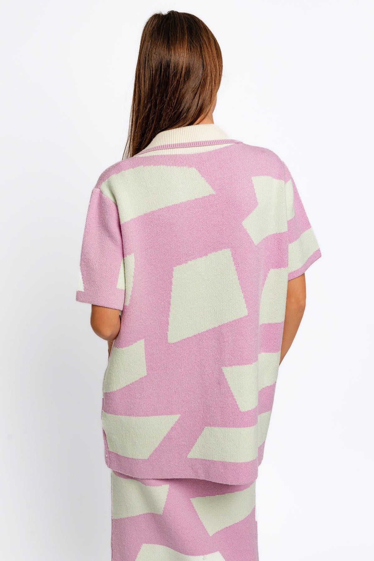 Abstract Printed Short Sleeve Collared Sweater Top