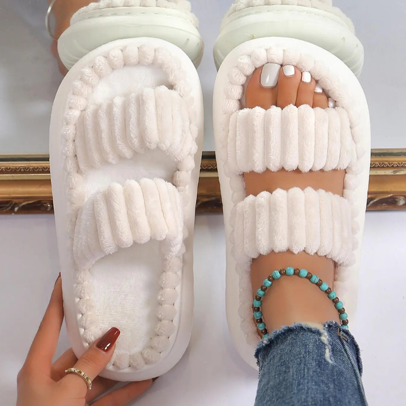 Casual Minimalist Fluffy Slippers, Trendy Soft Comfort Warm Open Toe Bedroom Sandals for Daily Life, Fashionable Bedroom Slippers for Fall & Winter Footwear for Girl Spring, House Shoes