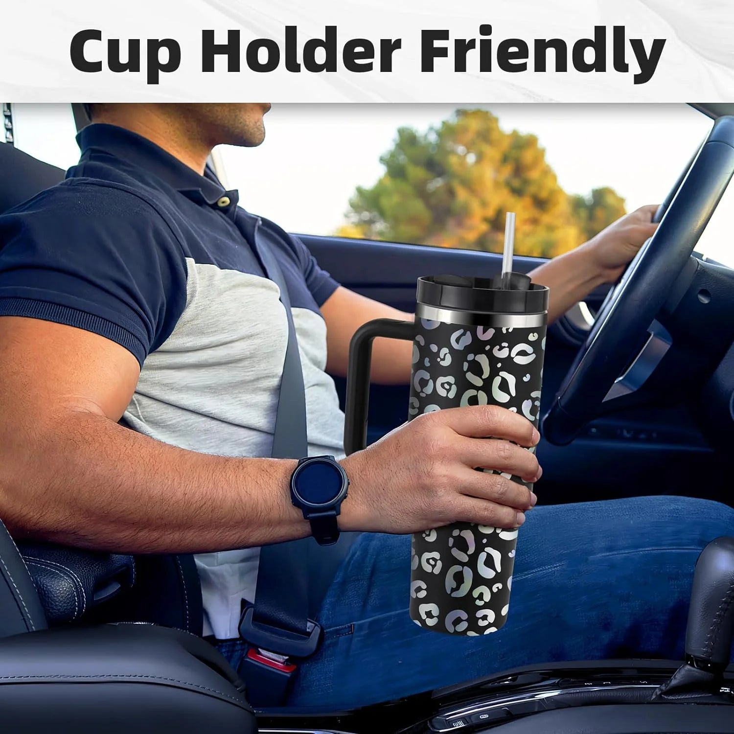 40 Oz Tumbler with Handle and Straw, Travel Mug for Car, 2-In-1 Lid Stainless Steel Tumblers