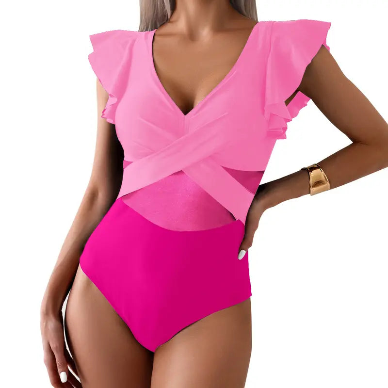 2024 New Sexy One Piece Swimsuit High Elastic Women'S Curved Pleated Suspender Spliced with Ruffle Edge Quick Drying Comfortable and Slightly Fat Large Size Slimming Skin Covering Stomach Closing Swimming Beach Hot Spring Vacation Summer Sports