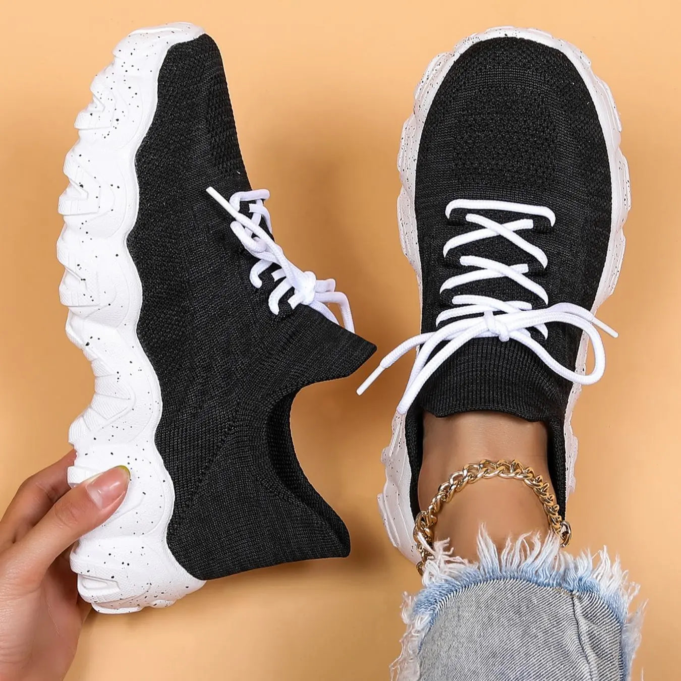 2024 Summer Lace-Up Low Top Slip on Women Sneakers, Comfortable Ankle Socks Shoes, Knit Sports Running Shoes, Gift for Wife, Girl Friend, Women'S Workout Sneakers