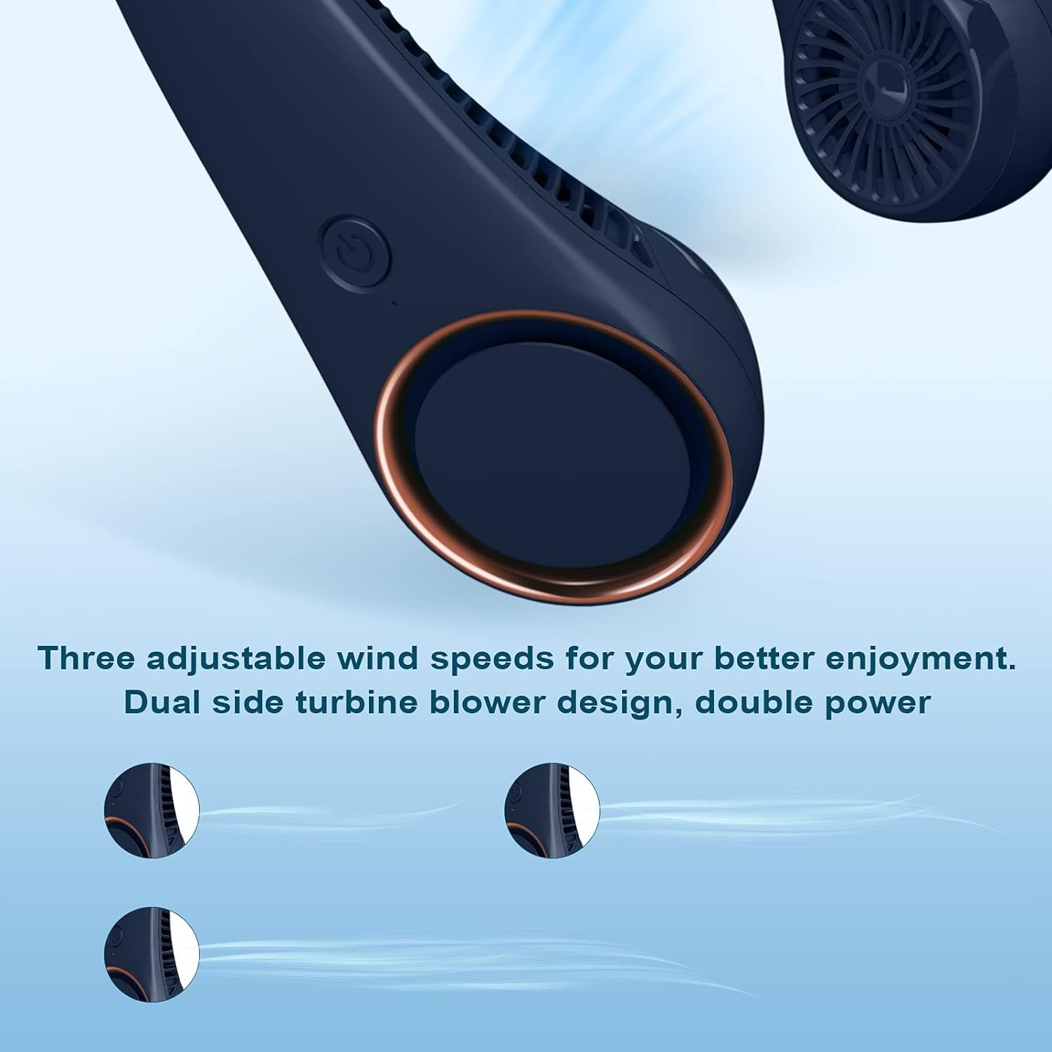 Neck Fan: Portable Personal Neck Cooling Rechargeable Bladeless Fan - Hands Free 3 Speed 4000 Mah Battery USB Operated Wearable Headphone Design - for Men Women Outdoor Indoor Dark Blue