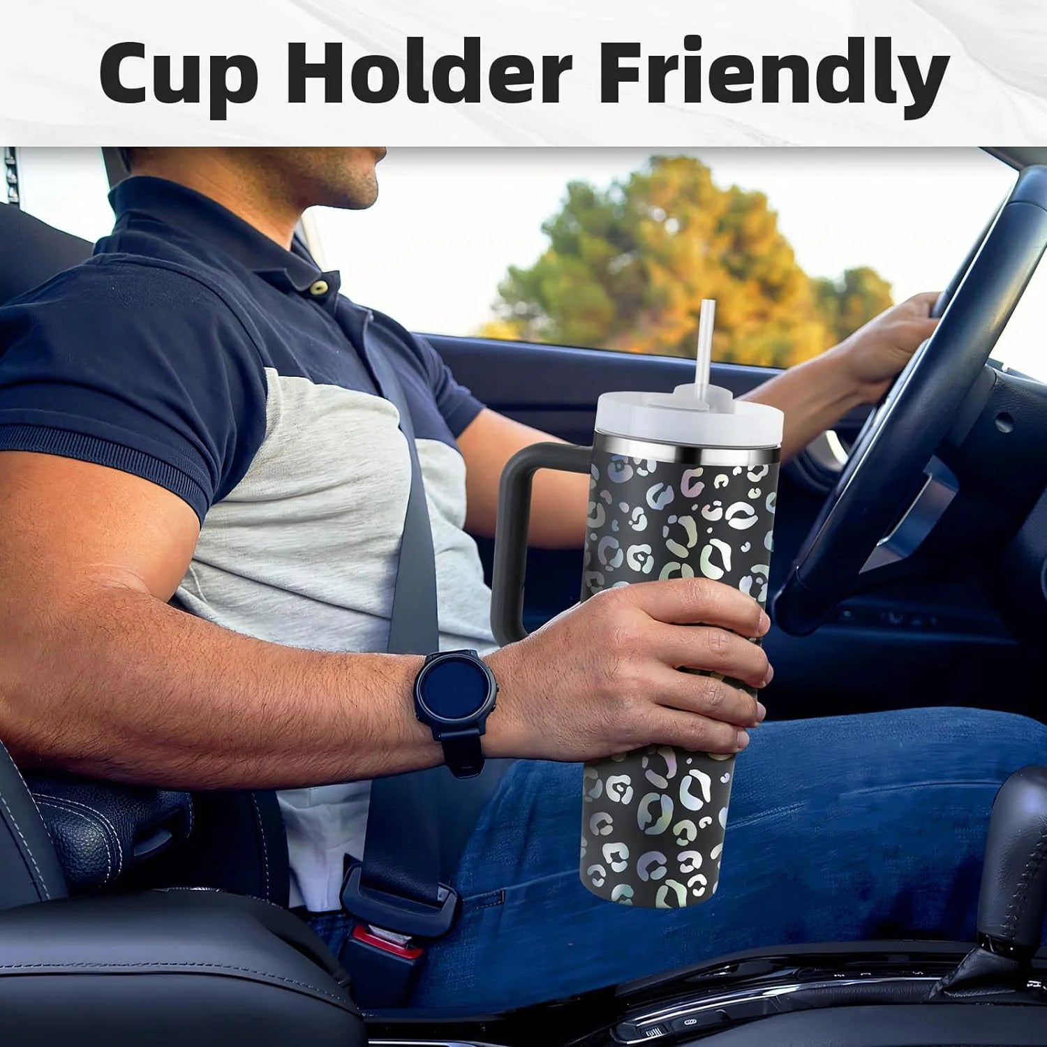 40 Oz Tumbler with Handle and Straw, Travel Mug for Car, 2-In-1 Lid Stainless Steel Tumblers