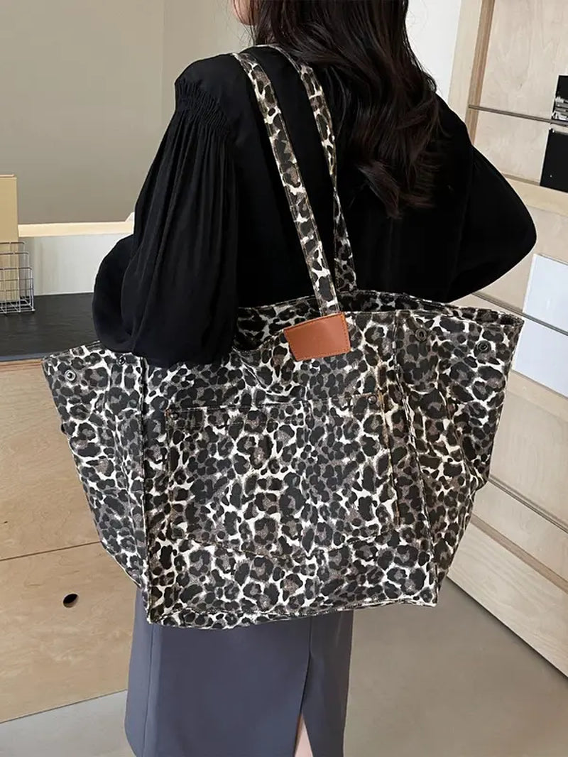 Summer 2024 Women'S Fashion Leopard Pattern Canvas Everyday Tote Bag, Summer Large Capacity Shoulder Bag for Daily Used, Casual Trendy Versatile High-Quality Daily Commuting Bag