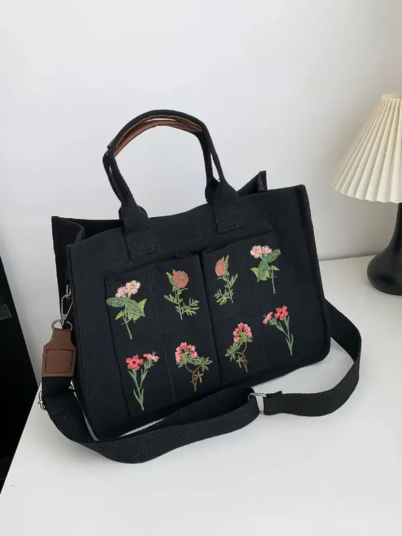 Women'S Elegant Flower Embroidered Tote Bag, Trendy Large Capacity Handbag for Women & Girls, Casual Versatile Crossbody Bag for Daily & Work & School Use