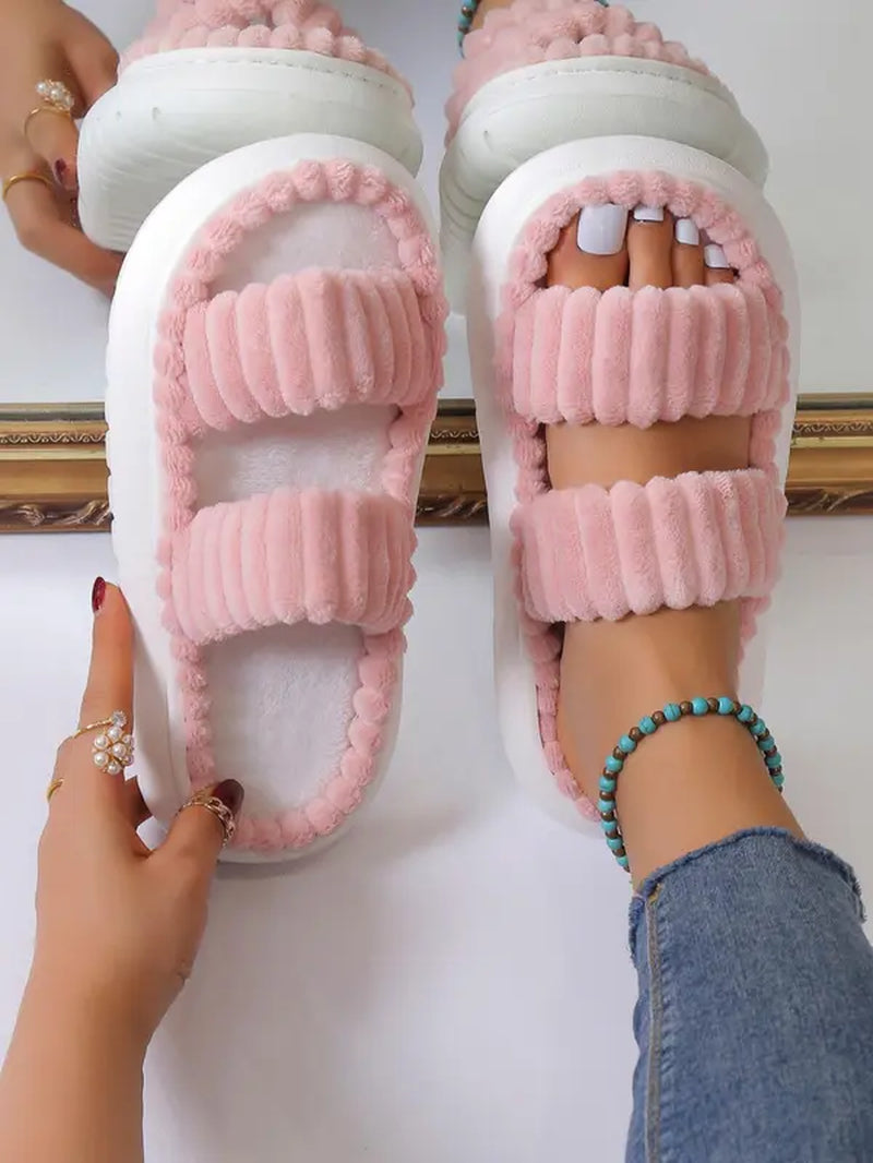 Casual Minimalist Fluffy Slippers, Trendy Soft Comfort Warm Open Toe Bedroom Sandals for Daily Life, Fashionable Bedroom Slippers for Fall & Winter Footwear for Girl Spring, House Shoes