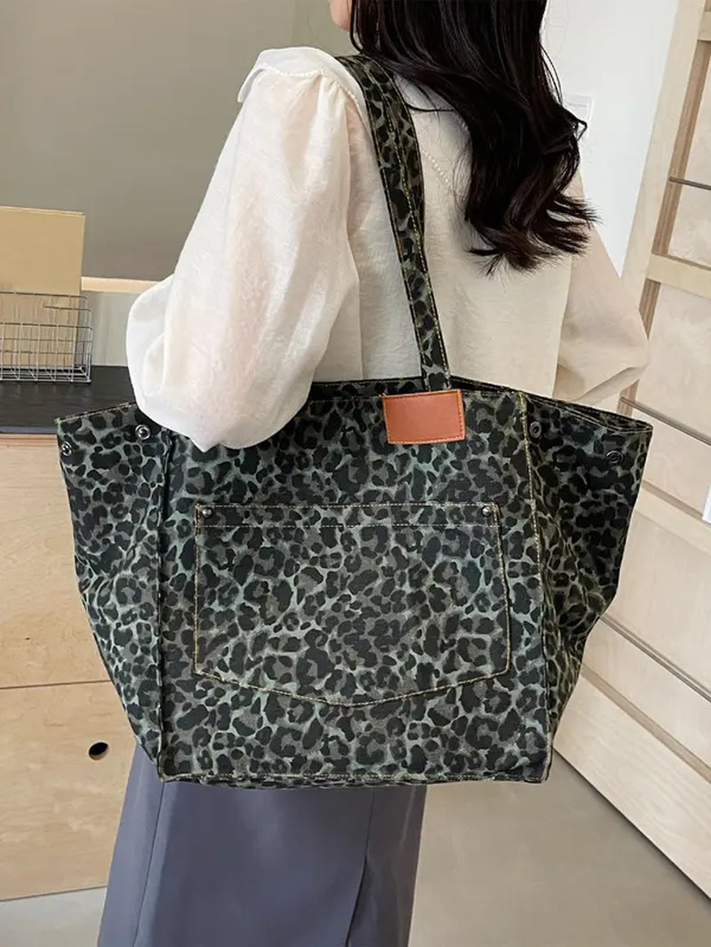 Summer 2024 Women'S Fashion Leopard Pattern Canvas Everyday Tote Bag, Summer Large Capacity Shoulder Bag for Daily Used, Casual Trendy Versatile High-Quality Daily Commuting Bag