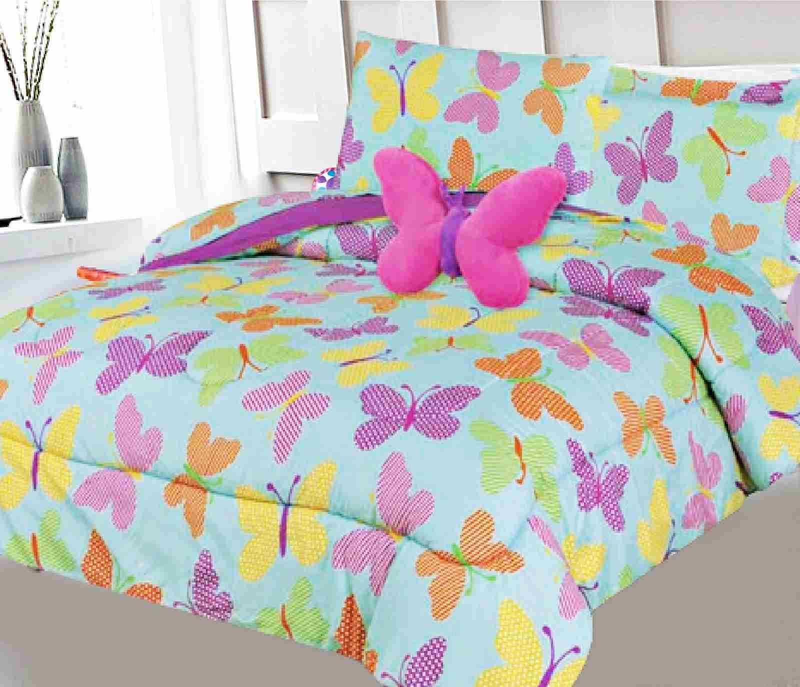 Complete Bed in Bag Comforter Full Size 8Pc Butterfly Blue Bedding Comforter with Plushie Toy Friend and Matching Sheet Set for Kids Bedroom Décor for Girls Boys