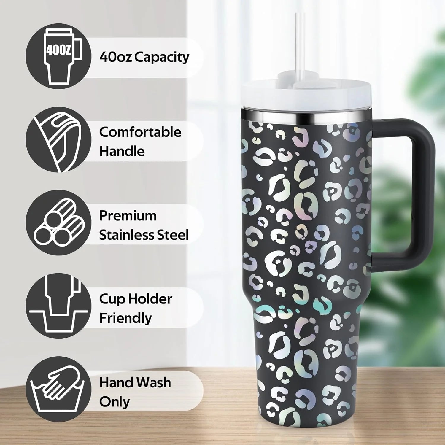 40 Oz Tumbler with Handle and Straw, Travel Mug for Car, 2-In-1 Lid Stainless Steel Tumblers