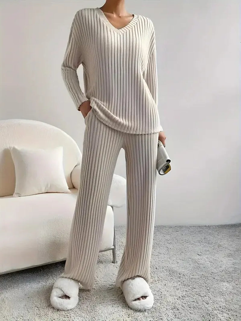 Women'S Solid Ribbed Knit Top & Wide Leg Pants Set, Casual Comfy 2 Piece Set 2Pcs Long Sleeve V Neck Top & High Waist Trousers Set for Spring & Fall, Ladies Clothes for Daily Wear