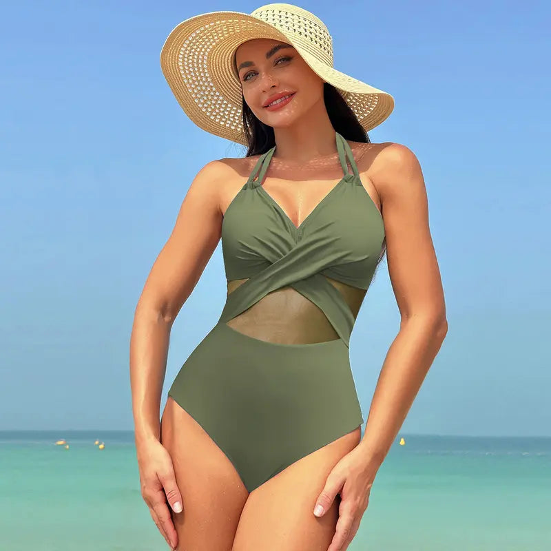 2024 New Sexy One Piece Swimsuit High Elastic Women'S Curved Pleated Suspender Spliced with Ruffle Edge Quick Drying Comfortable and Slightly Fat Large Size Slimming Skin Covering Stomach Closing Swimming Beach Hot Spring Vacation Summer Sports