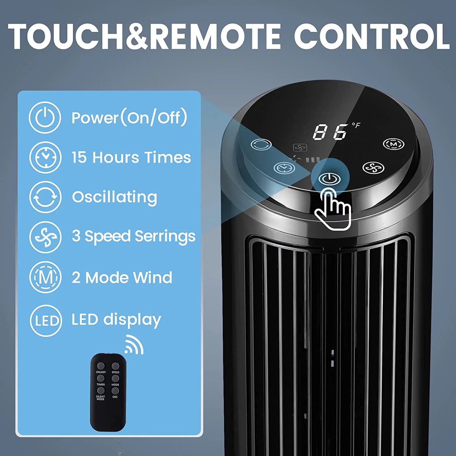 Tower Fan, 40" Oscillating Bladeless Fan, LED Display, 3 Speeds, 2 Modes Quiet Fan for Room