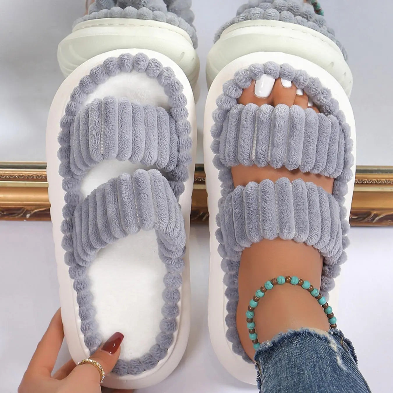 Casual Minimalist Fluffy Slippers, Trendy Soft Comfort Warm Open Toe Bedroom Sandals for Daily Life, Fashionable Bedroom Slippers for Fall & Winter Footwear for Girl Spring, House Shoes