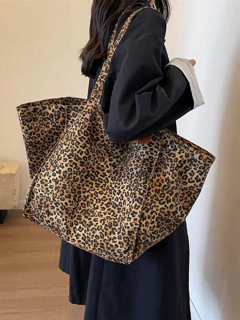 Summer 2024 Women'S Fashion Leopard Pattern Canvas Everyday Tote Bag, Summer Large Capacity Shoulder Bag for Daily Used, Casual Trendy Versatile High-Quality Daily Commuting Bag