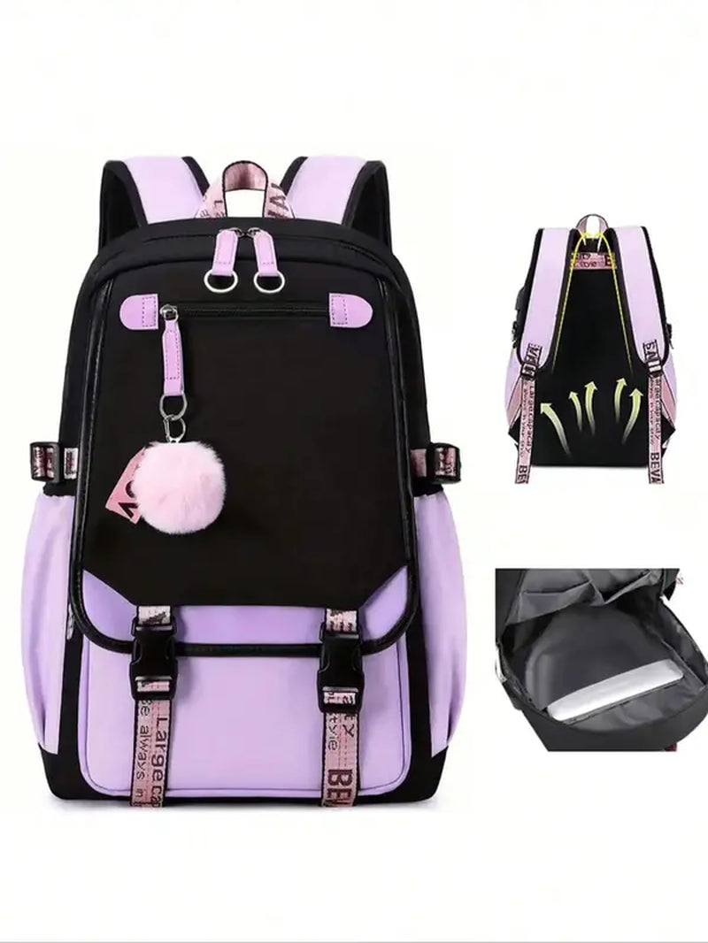 Patched Design School Backpack Cute Pom Pom Decor Charm for Summer, Casual Large Capacity Book Bag for Teenagers, Color Block Zipper Backpack