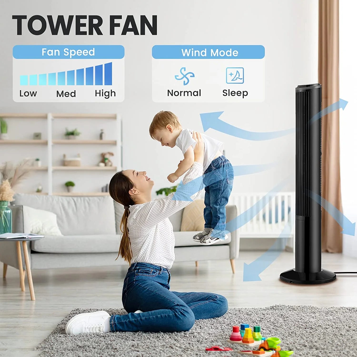 Tower Fan, 40" Oscillating Bladeless Fan, LED Display, 3 Speeds, 2 Modes Quiet Fan for Room