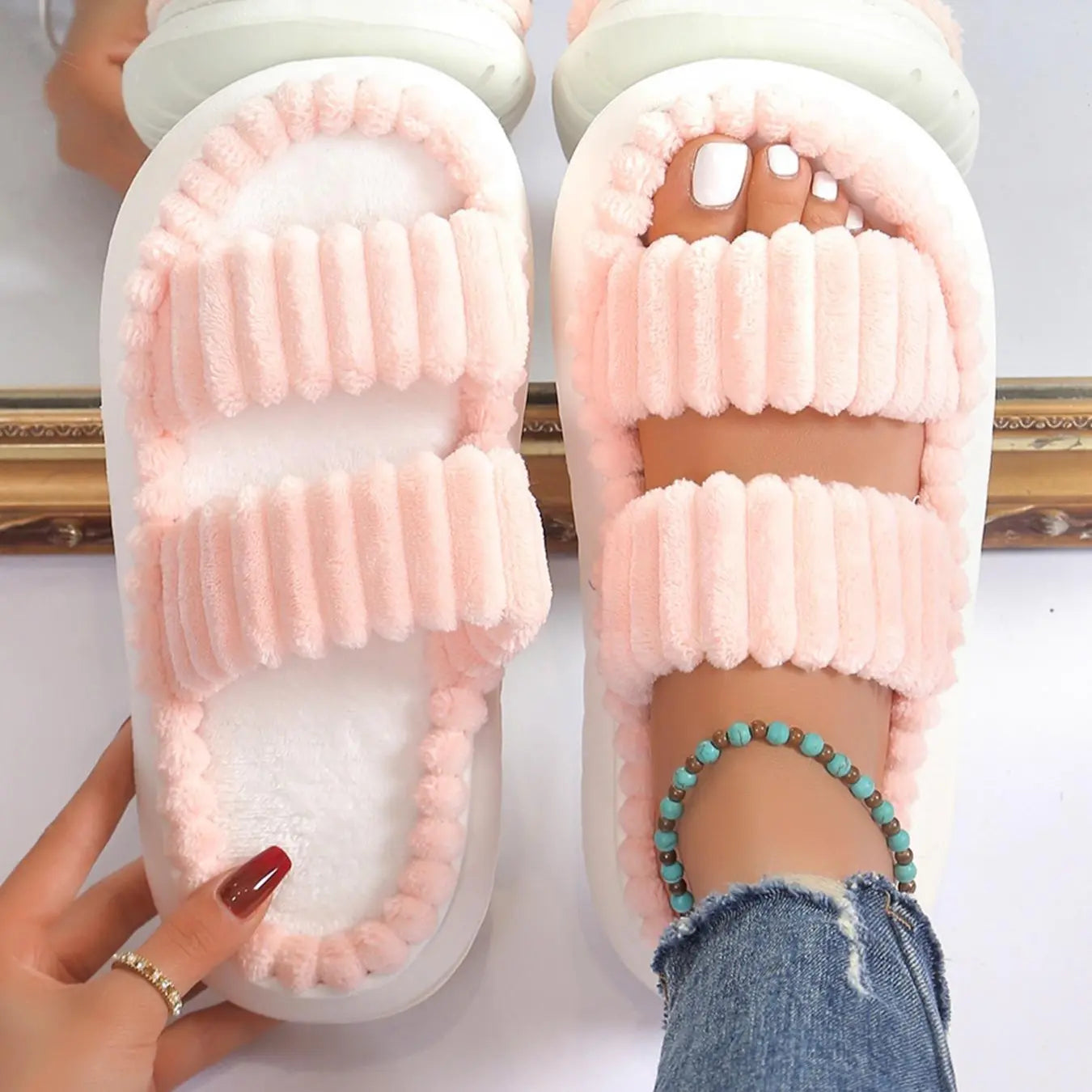 Casual Minimalist Fluffy Slippers, Trendy Soft Comfort Warm Open Toe Bedroom Sandals for Daily Life, Fashionable Bedroom Slippers for Fall & Winter Footwear for Girl Spring, House Shoes