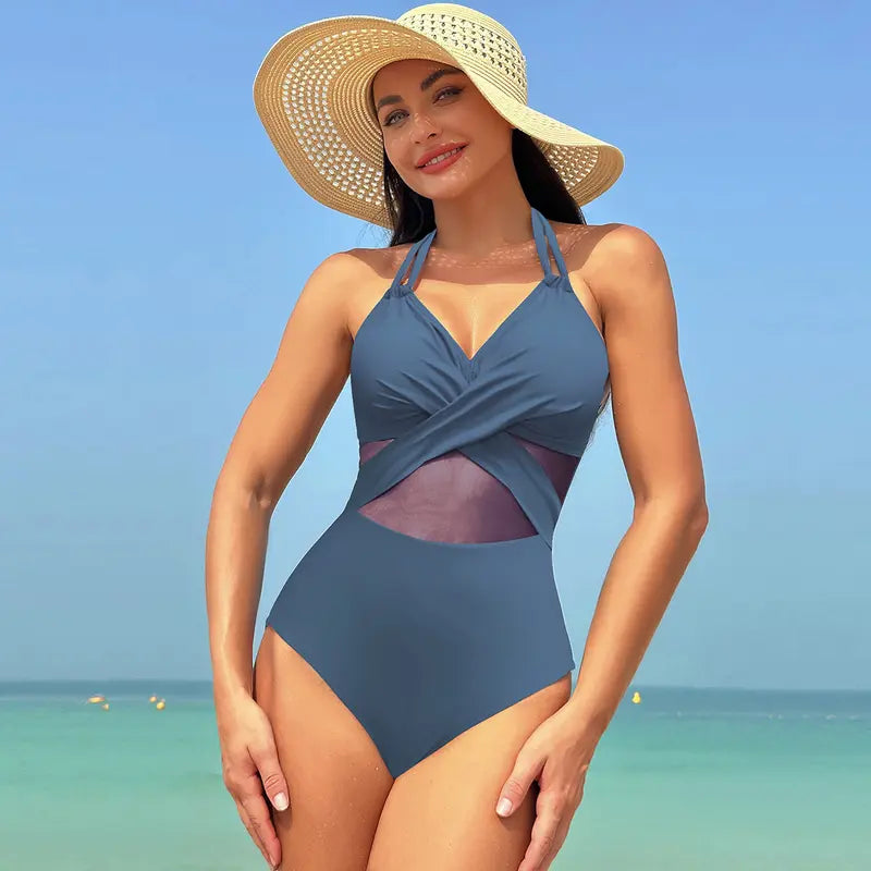 2024 New Sexy One Piece Swimsuit High Elastic Women'S Curved Pleated Suspender Spliced with Ruffle Edge Quick Drying Comfortable and Slightly Fat Large Size Slimming Skin Covering Stomach Closing Swimming Beach Hot Spring Vacation Summer Sports