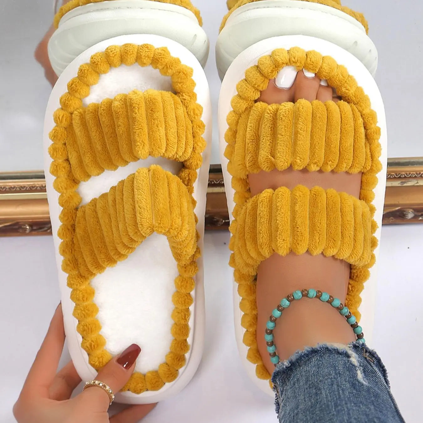 Casual Minimalist Fluffy Slippers, Trendy Soft Comfort Warm Open Toe Bedroom Sandals for Daily Life, Fashionable Bedroom Slippers for Fall & Winter Footwear for Girl Spring, House Shoes