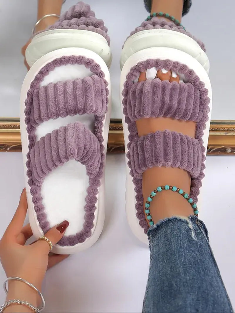 Casual Minimalist Fluffy Slippers, Trendy Soft Comfort Warm Open Toe Bedroom Sandals for Daily Life, Fashionable Bedroom Slippers for Fall & Winter Footwear for Girl Spring, House Shoes