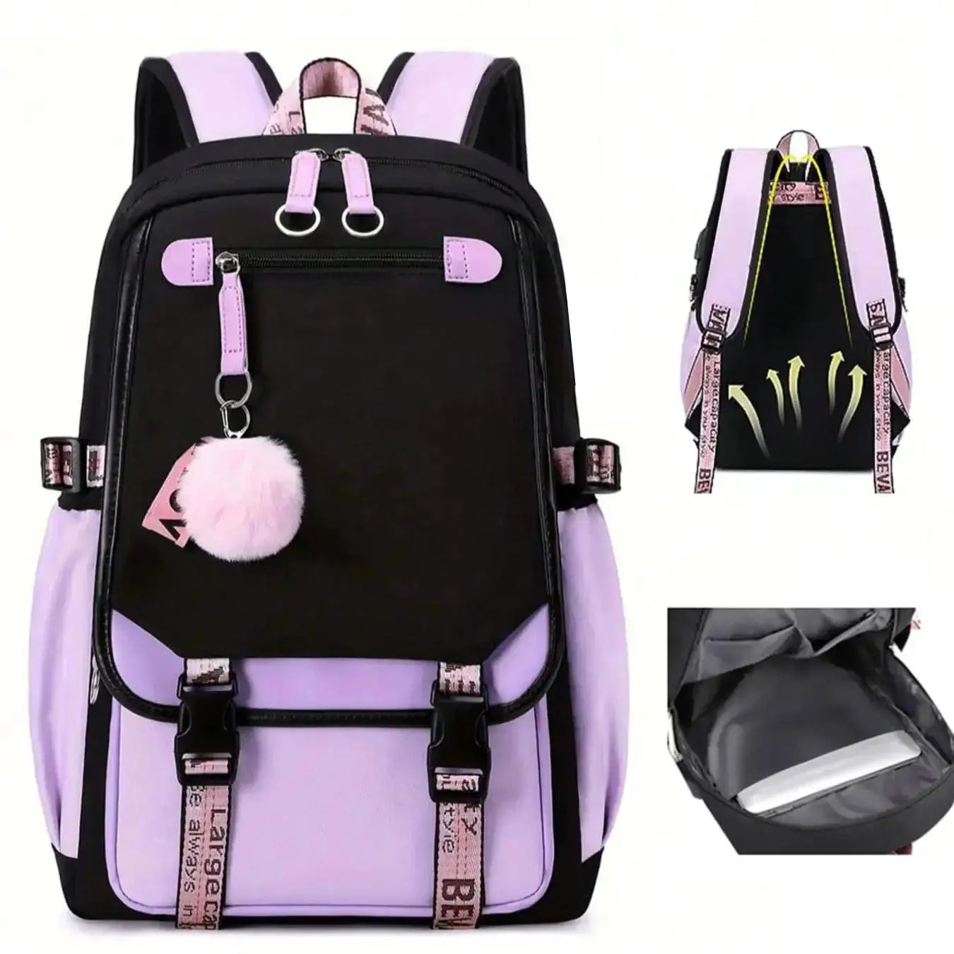 Patched Design School Backpack Cute Pom Pom Decor Charm for Summer, Casual Large Capacity Book Bag for Teenagers, Color Block Zipper Backpack