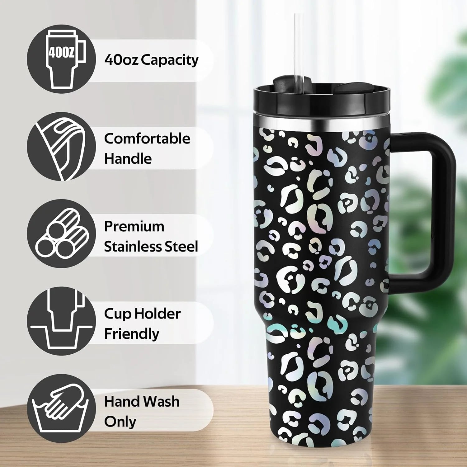 40 Oz Tumbler with Handle and Straw, Travel Mug for Car, 2-In-1 Lid Stainless Steel Tumblers